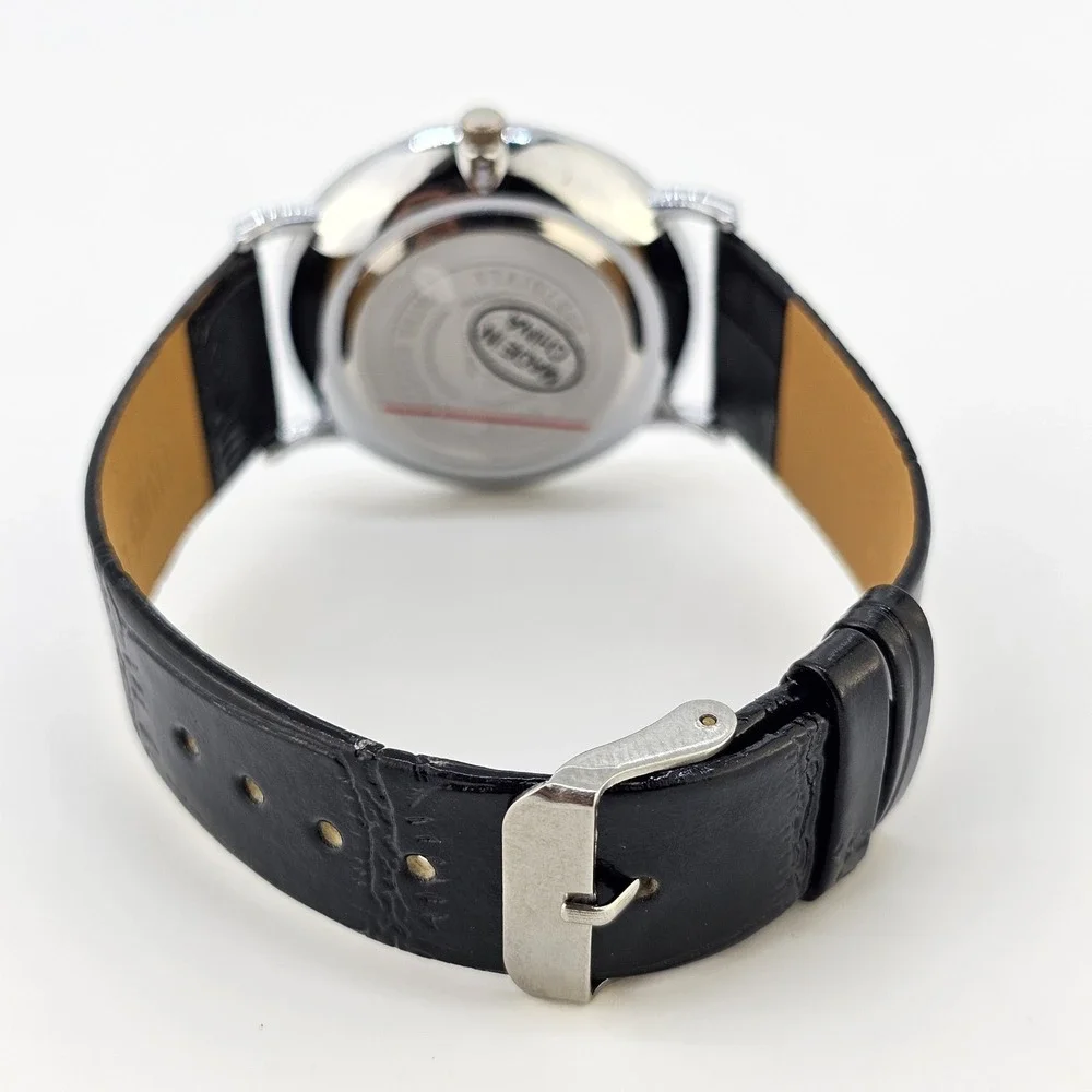 Men's Analog Watch 38MM White Dial Black Faux‎ Leather Bands New Battery